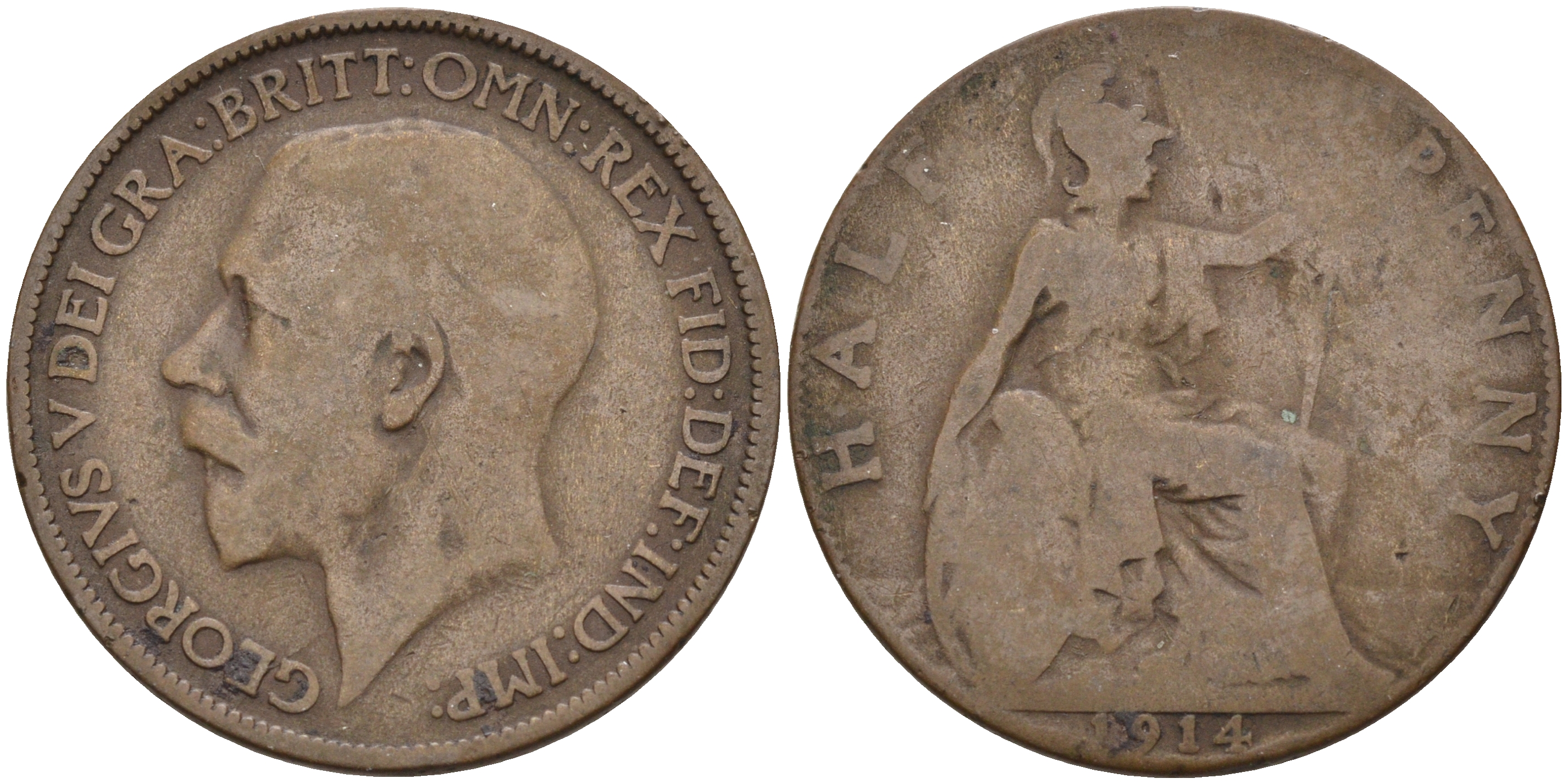 Великобритания 1/2 пенни 1914 Георг V (1910-1936) KM 809, Spink 4051 бронза 4187-526