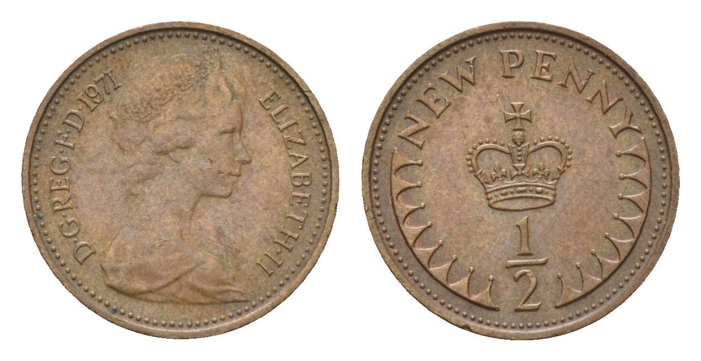 Великобритания 1/2 пенни 1971 Елизавета II (1952-2022) KM 914, Spink 4239 бронза 4684-136