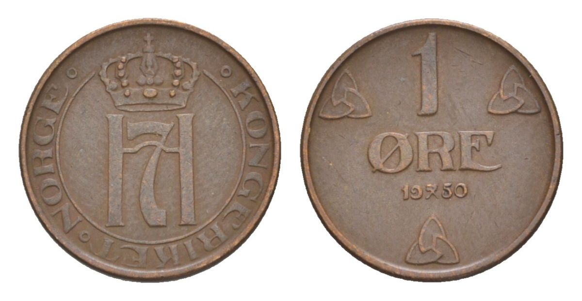 Норвегия 1 эре 1950 Хокон VII (1905-1957) KM 367 бронза 4632-1061