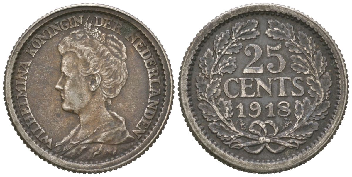 Нидерланды 25 центов 1918 Вильгельмина (1890-1948) KM 146 серебро 4151-1133