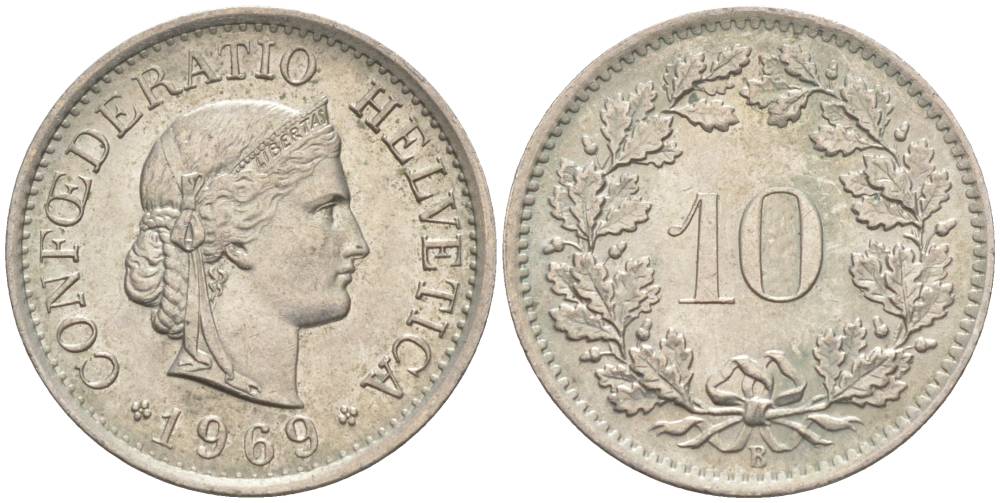 ШВЕЙЦАРИЯ 10 РАППЕНОВ 1969 В KM 27 медно-никель 55-422
