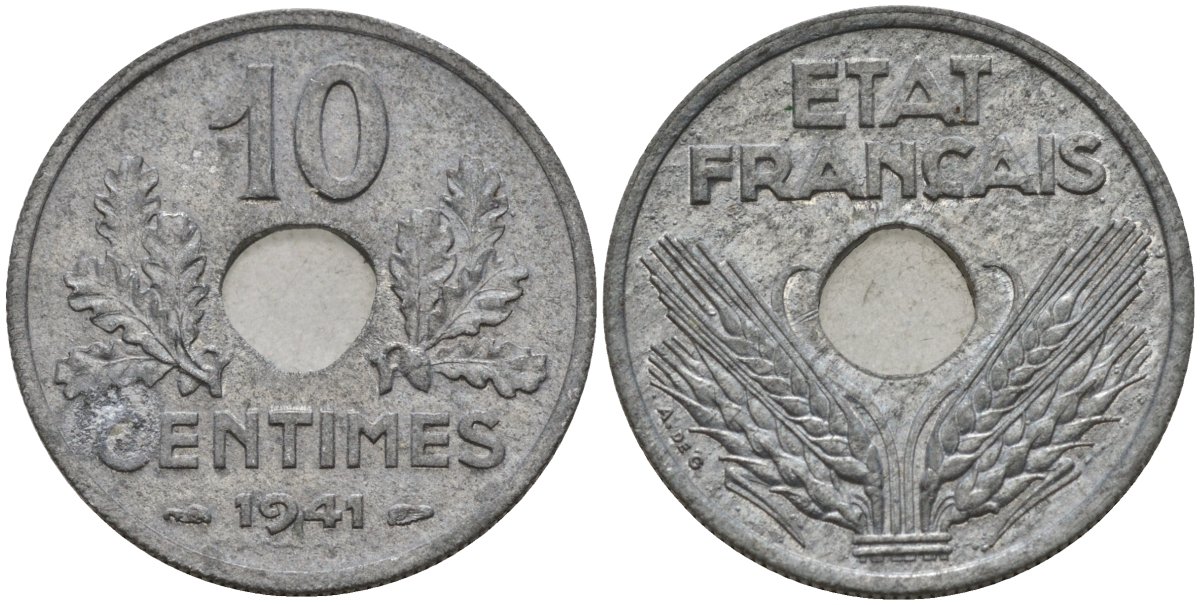 Франция 10 сантимов 1941 правительство Виши KM 898.1 цинк 4143-616
