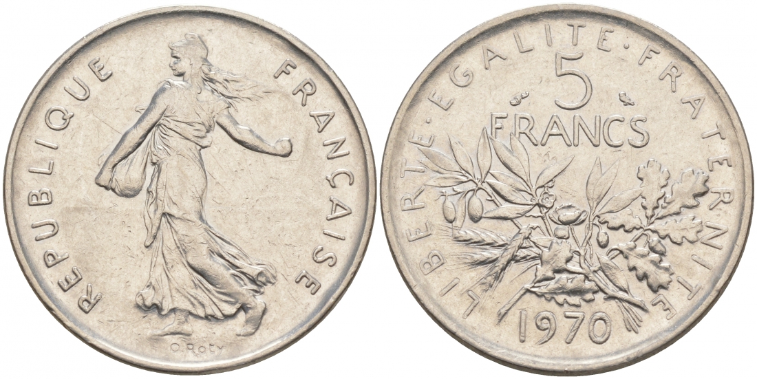 Франция 5 франков 1970 сеятель, тип Semeuse KM 926a.1, Le Franc 341.2 медно-никель плакированный никелем 3855-715