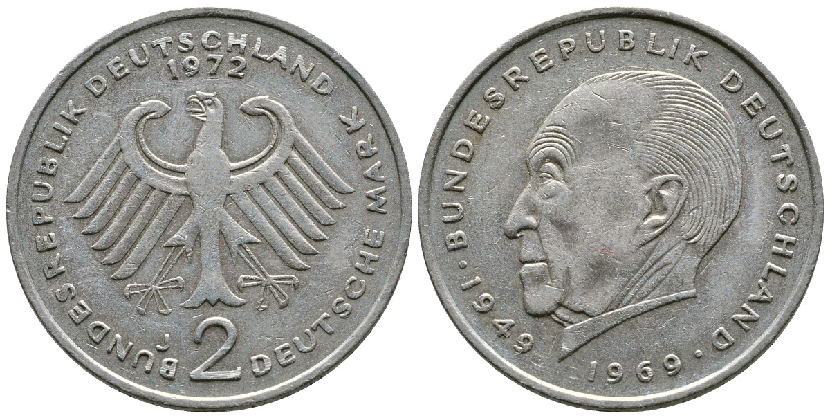 ФРГ 2 марки 1972 J, Конрад Аденауэр J 406, KM 124 медно-никель плакированный никелем 4110-333