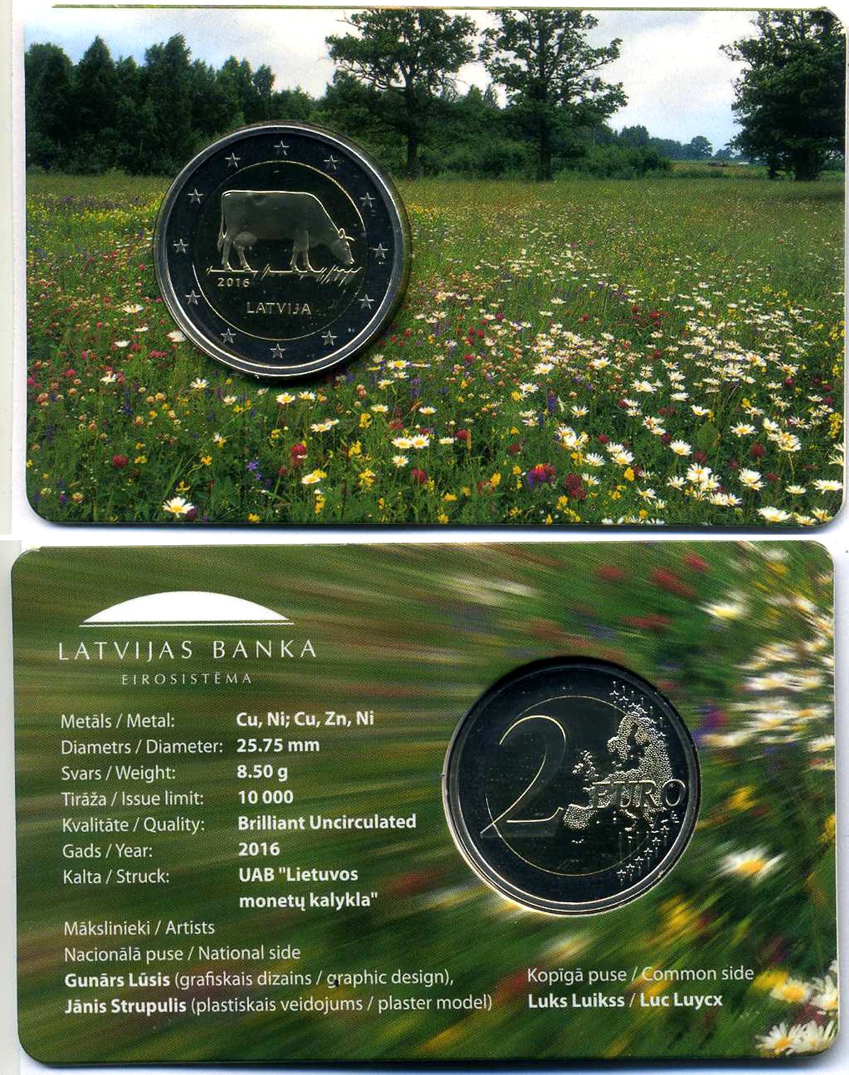 Латвия 2 евро 2016 Латвийская бурая корова, запайка, буклет KM 175 биметалл BUNC 00-000-00