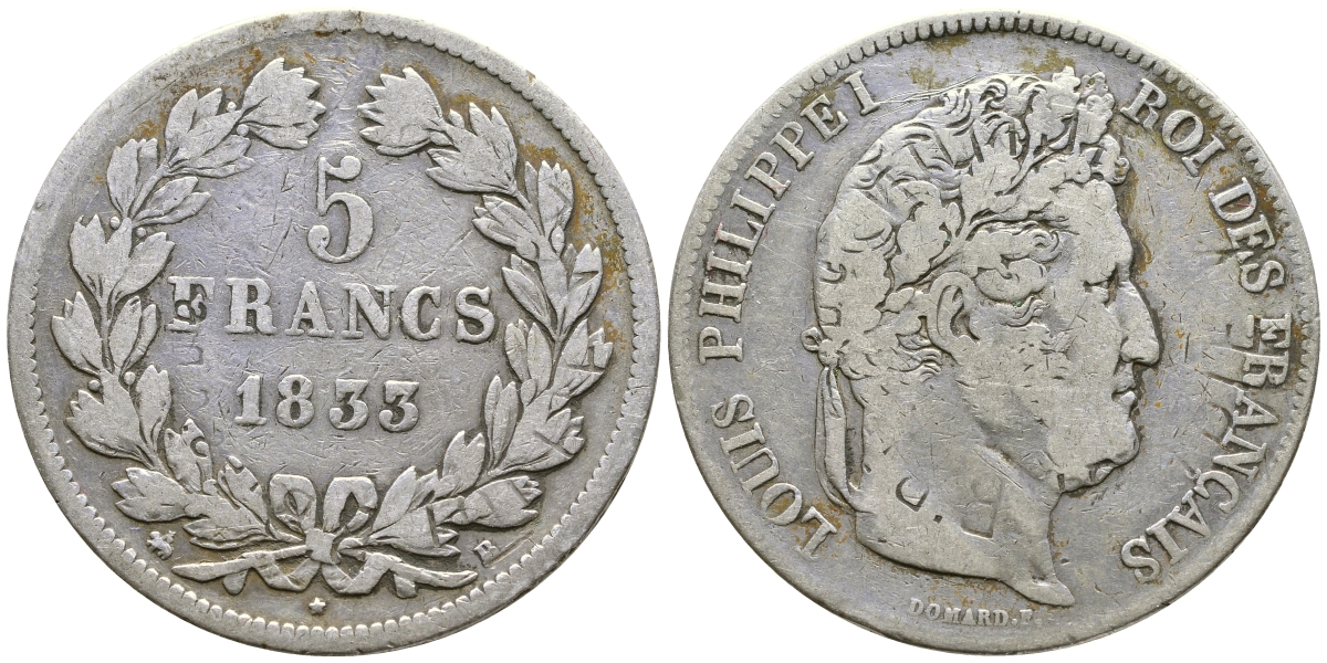 Франция 5 франков 1833 B, Луи Филипп I (1830-1848) KM 749.2 серебро 1066-7-45