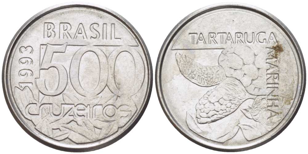 Бразилия 500 крузейро 1993 морская черепаха KM 624 нержавеющая сталь 4396-1023