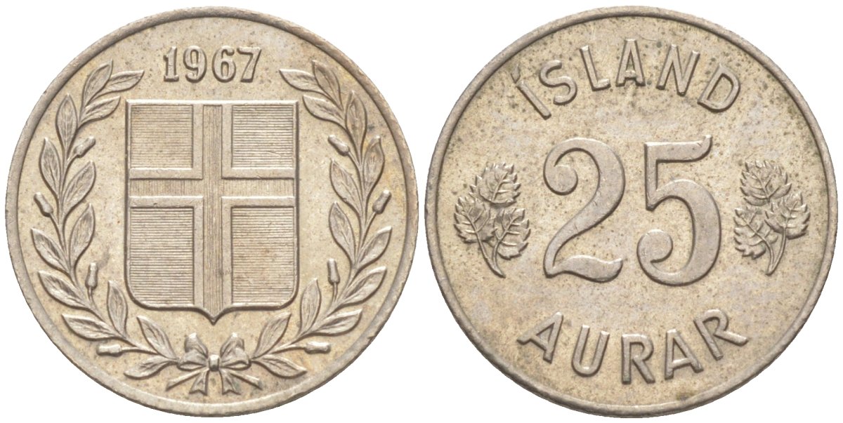 Исландия 25 эйре 1967 KM 11 медно-никель 187-369