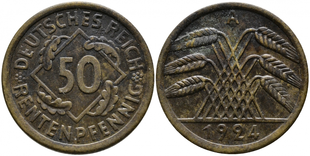 Германия 50 рентенпфеннигов 1924 A цена по каталогу МТ 22 евро J. 310, KM 34 алюминиевая бронза 4525-1232