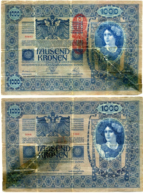 АВСТРИЯ 1000 КРОН 1919 КРАСНАЯ ВЕРТИКАЛЬНАЯ НАДПЕЧАТКА НА 1902 Pick 59 бумага 6312-5-3