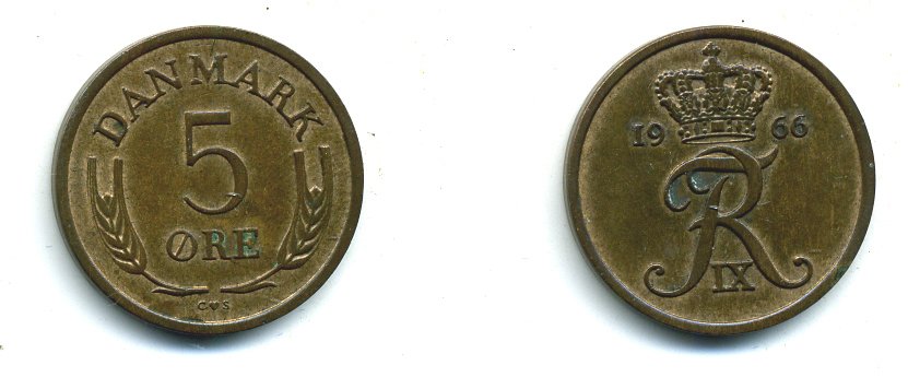 Дания 5 эре 1966 C; S, Фредерик IX (1947-1972) KM 848.1 бронза 59-1235