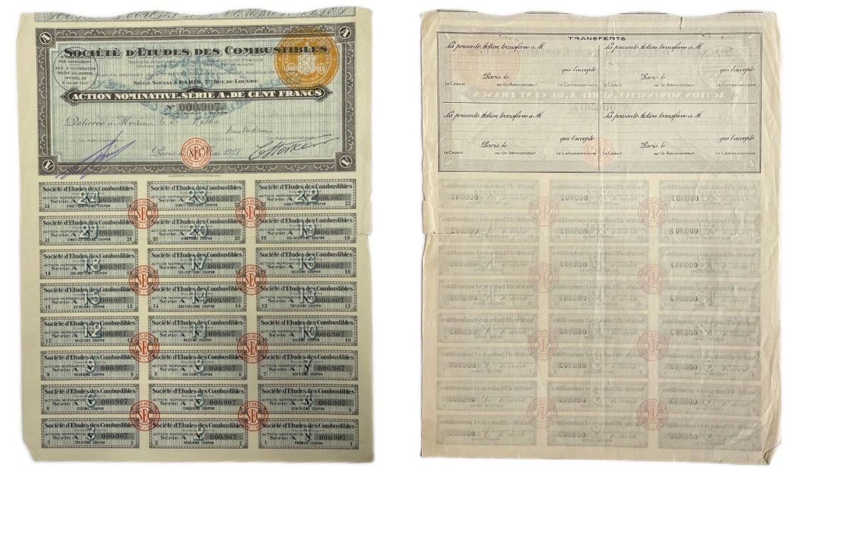 Венгрия купонный лист от облигации в 100 франков 1927 24 купона, Societe d'etudes des combustibles (общество изучения топлива) бумага 48-31-1-1