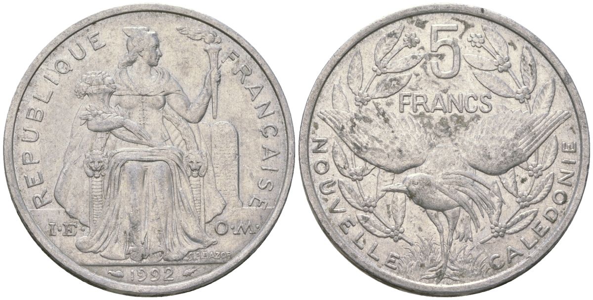 Французская Новая Каледония 5 франков 1992 птица кагу, (IEOM) KM 16, Schoen 12, Lec 80 алюминий 189-131