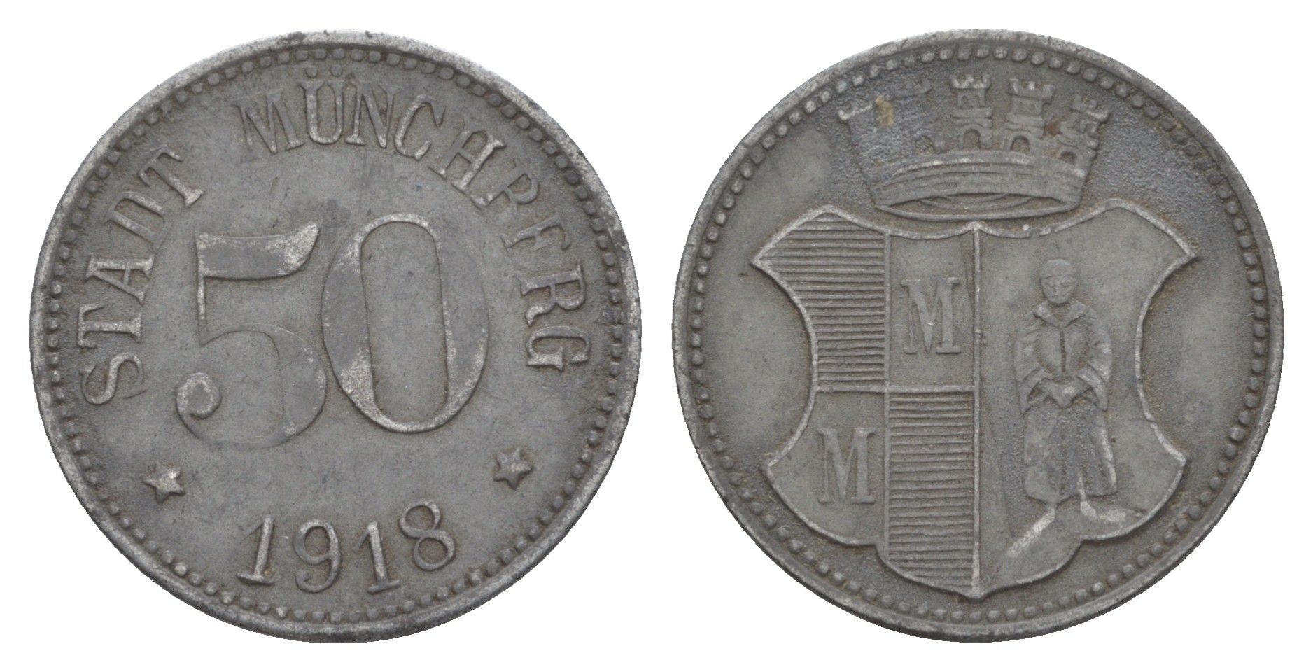 Мюнхберг 50 пфеннигов 1918 Funck 346.4, Men18 21547.4 цинк 4584-343
