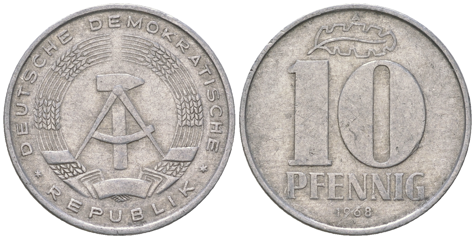 ГДР 10 пфеннигов 1968 A KM 10 алюминий 3459-626