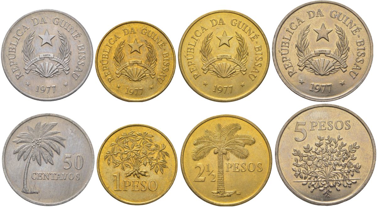 Гвинея-Бисау годовой набор из 4 монет ( 50 сантимов; 1, 2 1/2 и 5 песо) 1977 KM 17, 18, 19 и 20 алюминиевая бронза UNC 4626-531-534