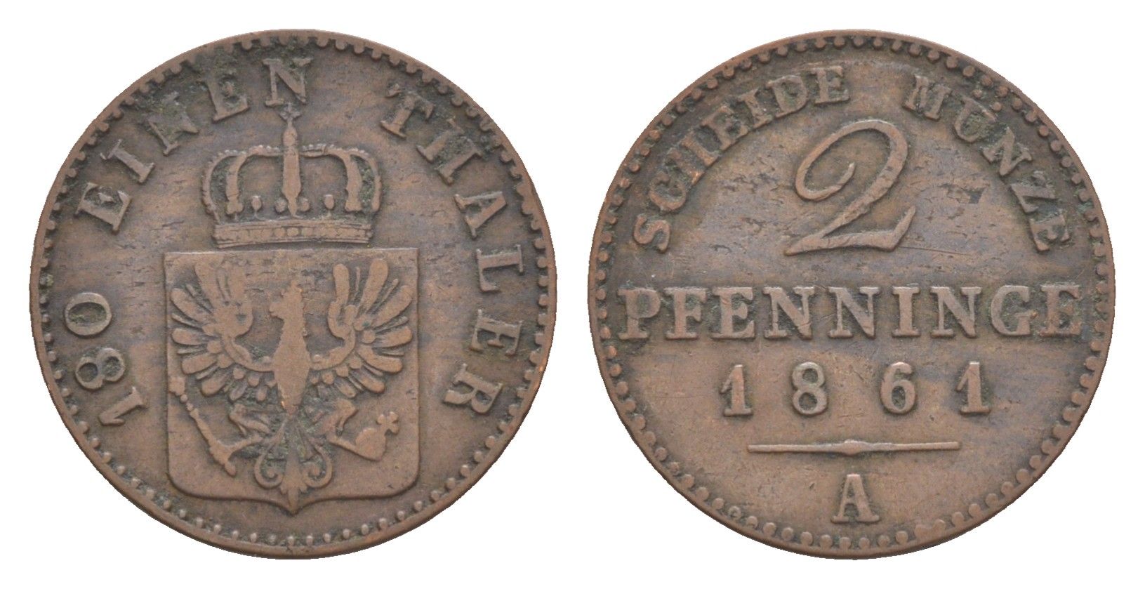 Пруссия 2 пфеннига 1861 A, Вильгельм I (1861-1888) KM 481, Jaeger 51, AKS 107, Olding 425 медь 4651-313