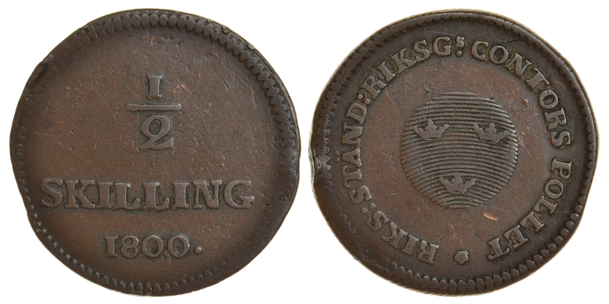 Швеция 1/2 скиллинга 1800 Густав IV Адольф (1792-1809) KM 549 медь 60-326