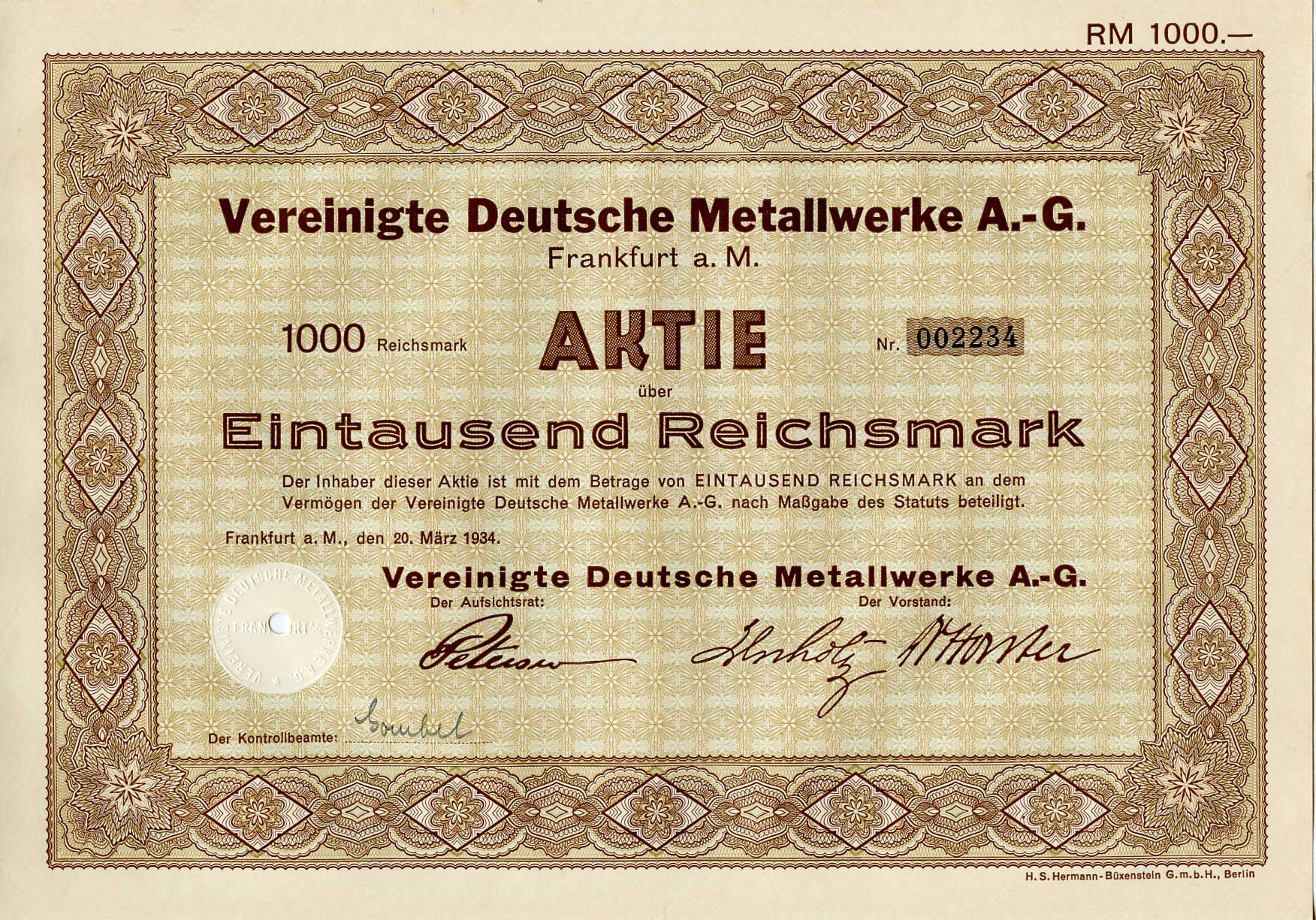 Германия 1000 рейхсмарок 1934 АО Объединенные немецкие металлургические заводы, акция   бумага   8803-32-1