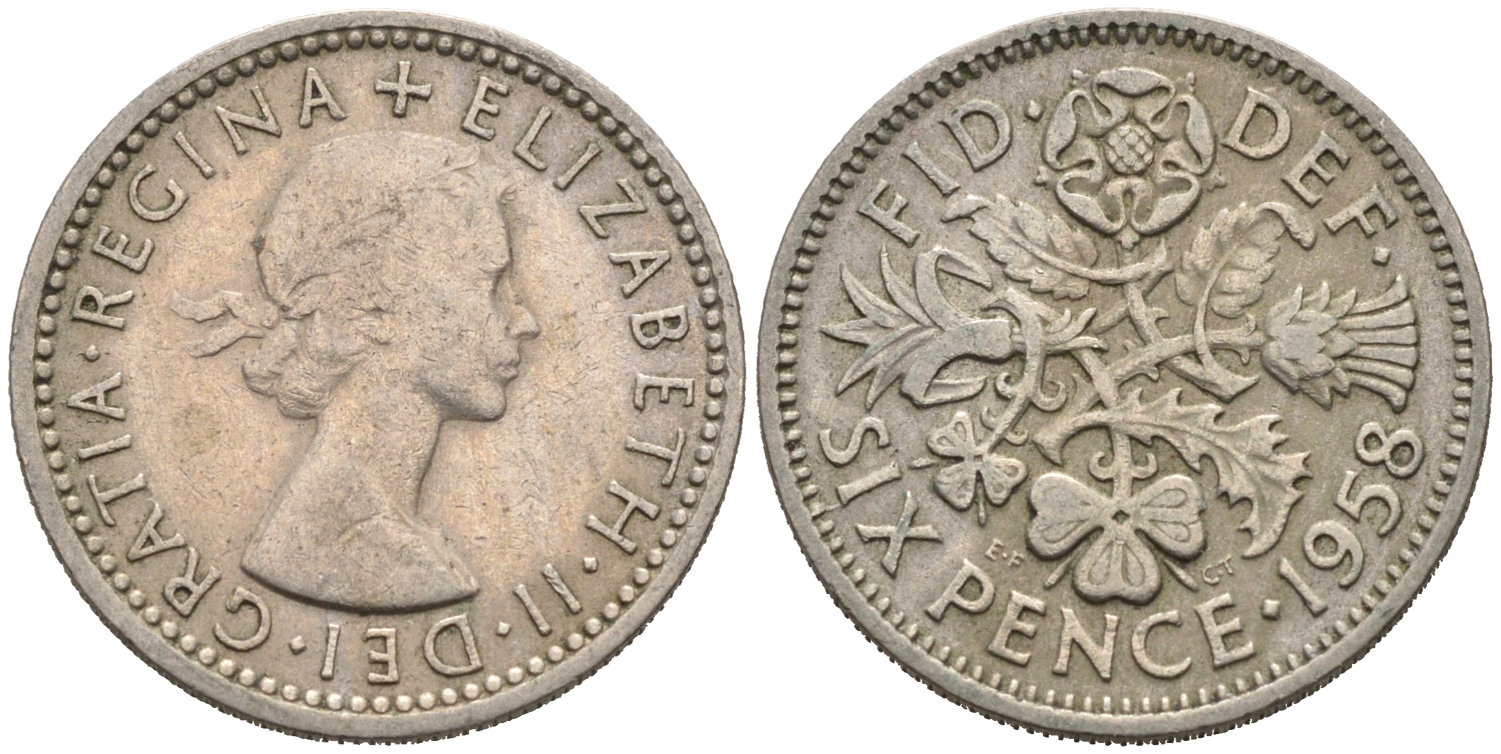 Великобритания 6 пенсов 1958 Елизавета II (1952-2022) KM 903, Spink 4149 медно-никель 75-1536