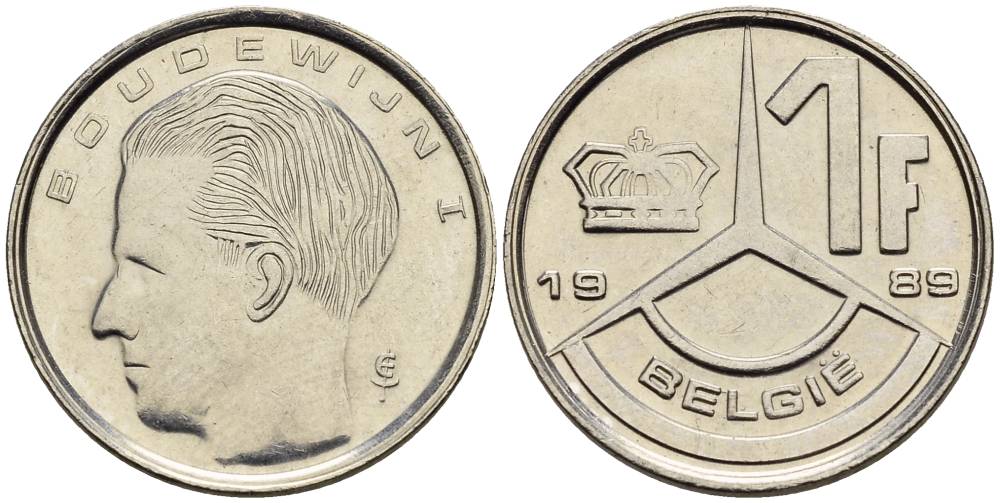 БЕЛЬГИЯ 1 ФРАНК 1989 BELGIE KM 171 сталь плакированная никелем 4528-1045
