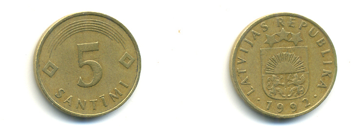Латвия 5 сантимов 1992 KM 16 латунь 176-437