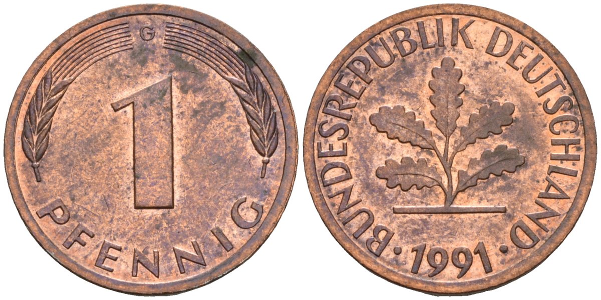 ФРГ 1 пфенниг 1991 G KM 105, J.380 сталь плакированная медью 3955-1152
