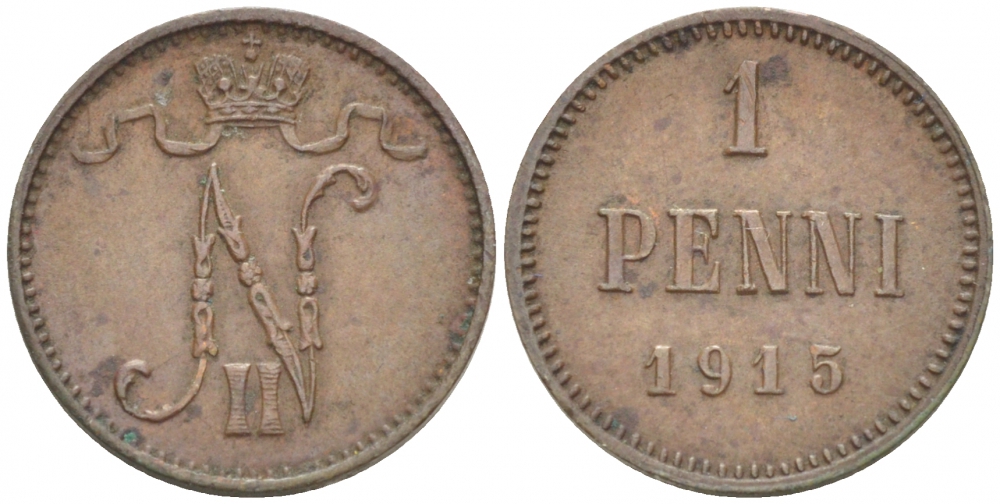 РОССИЯ ДЛЯ ФИНЛЯНДИИ 1 ПЕННИ 1915 НИКОЛАЙ II KM 13, Биткин 475 медь 261-1146