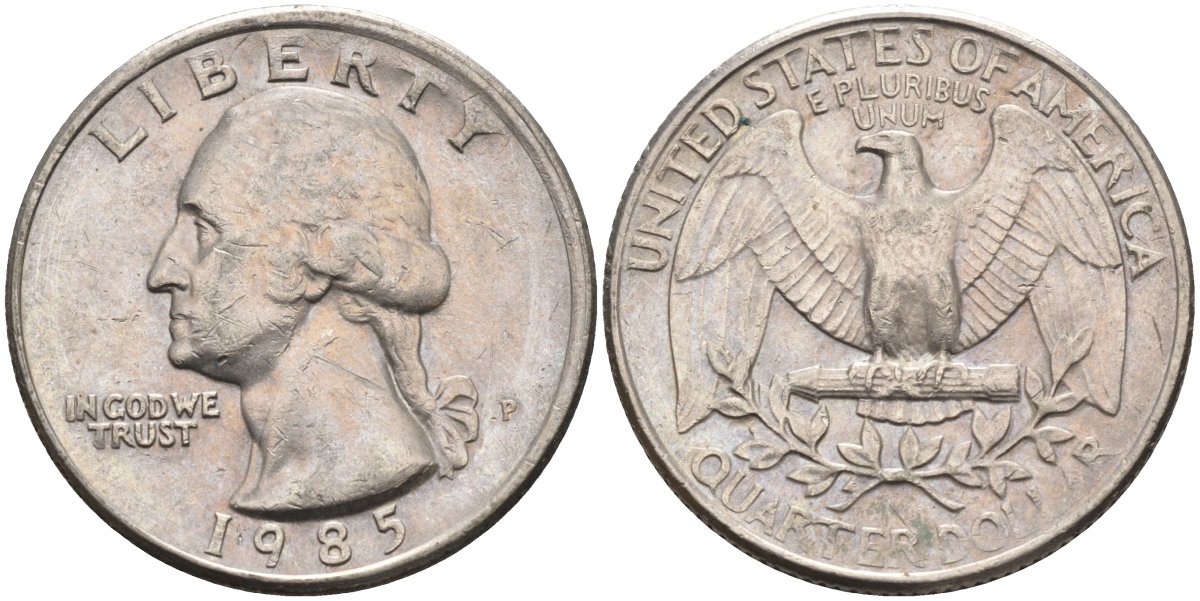 США 25 центов = квотер 1985 P, Вашингтон KM A164a медь плакированная медно-никелем 4584-1224