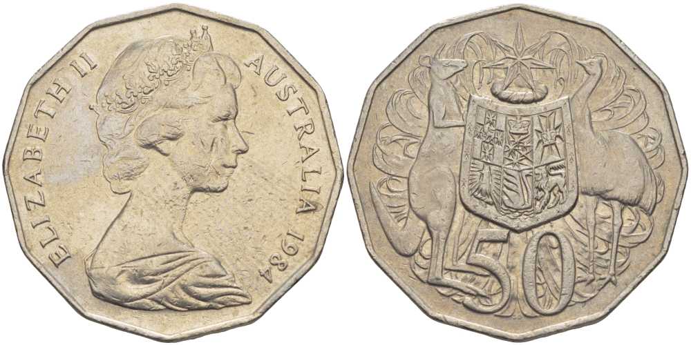 Австралия 50 центов 1984 Елизавета II (1952-2022), герб, кенгуру KM 68 медно-никель 107-124