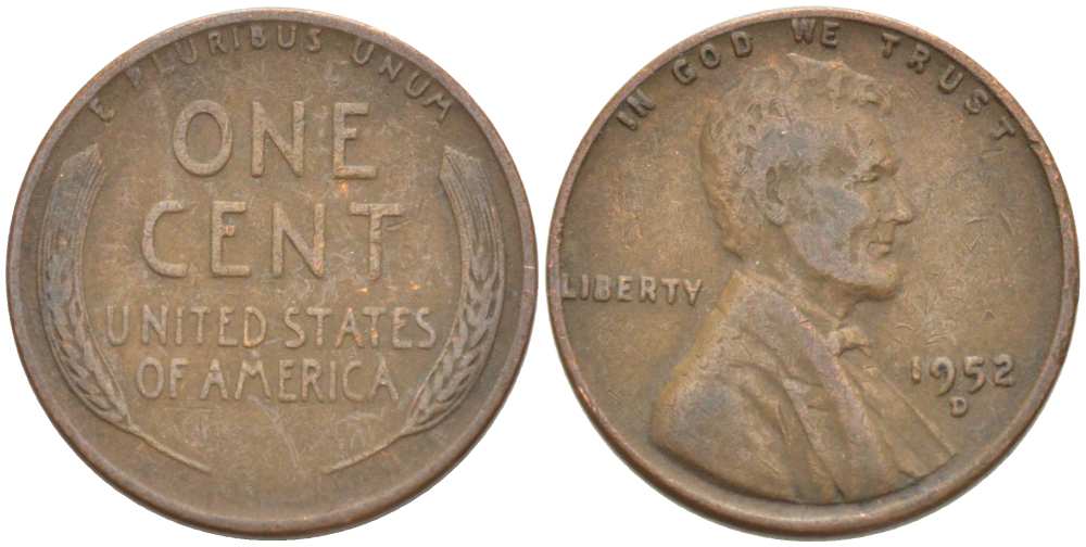 США 1 ЦЕНТ 1952 D, ЛИНКОЛЬН KM А132 медь цинк 218-614