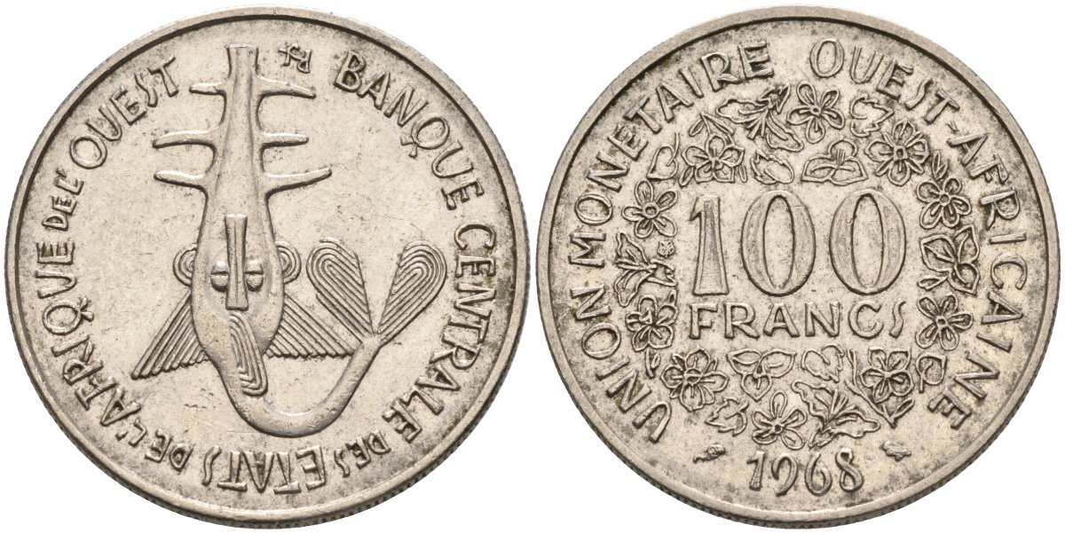 Валютный Союз стран Западной Африки 100 франков 1968 KM 4 никель 4575-1141