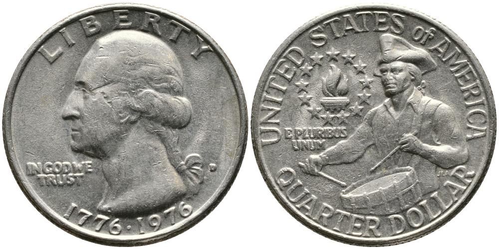США 25 центов = квотер 1976 D, 200 лет независимости (1776-1976), Вашингтон, барабанщик KM 204 медь плакированная медно-никелем 3336-654