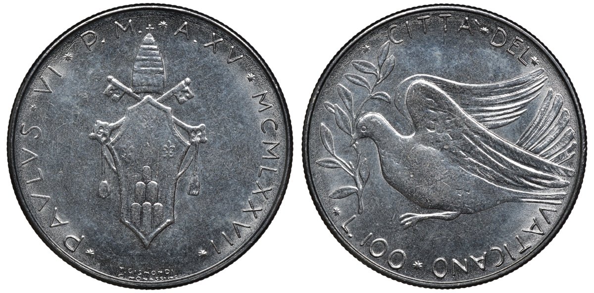 Ватикан 100 лир 1977 голубь, папа Павел VI (1963-1978) KM 122 нержавеющая сталь UNC 4579-651