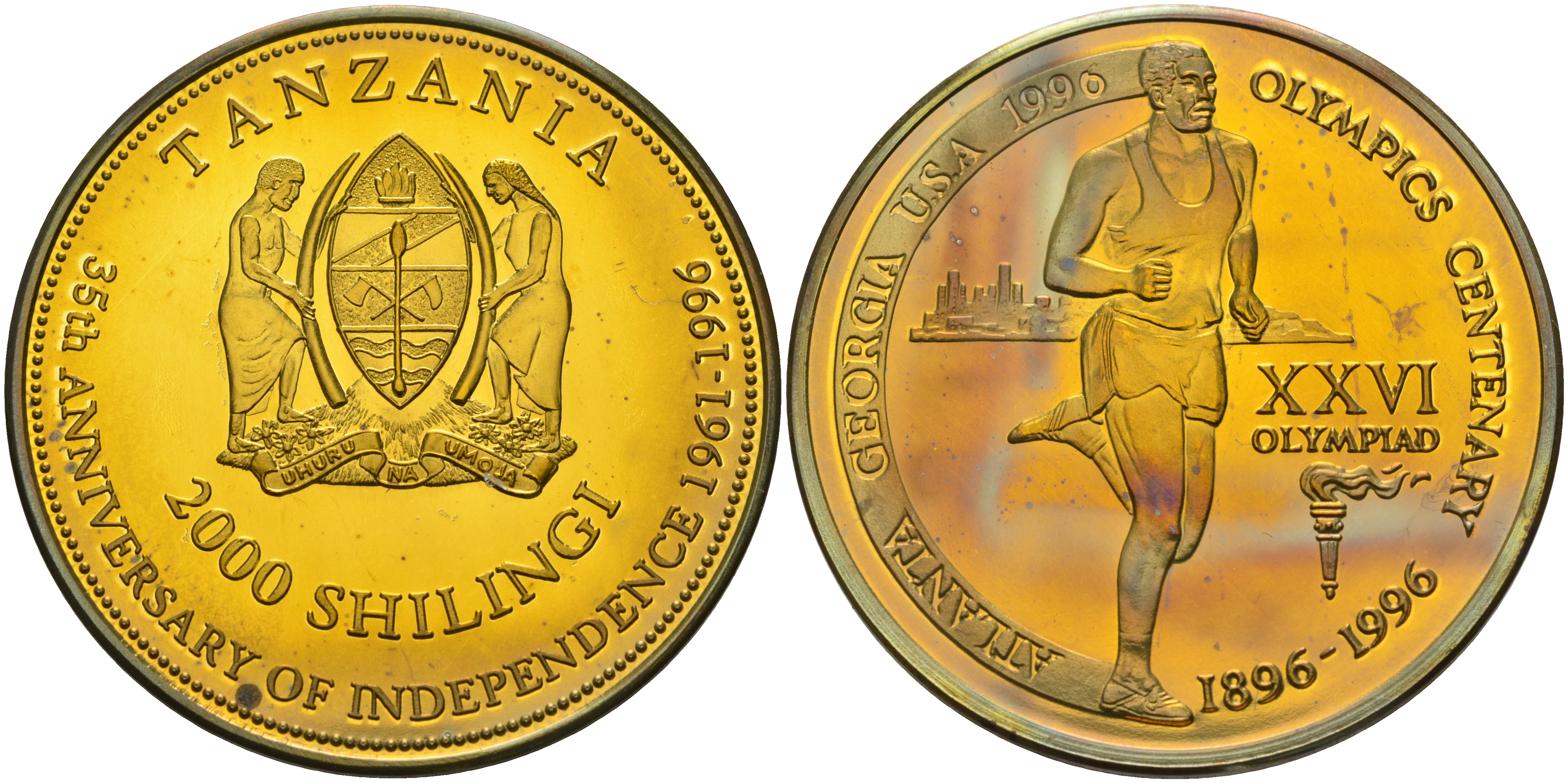 Танзания 2000 шиллингов 1996 XXVI Олимпийские игры 1996 года в Атланте, 100 лет Олимпийскому движению, бег, пробник, гладкий гурт латунь PROOF 06-135-25