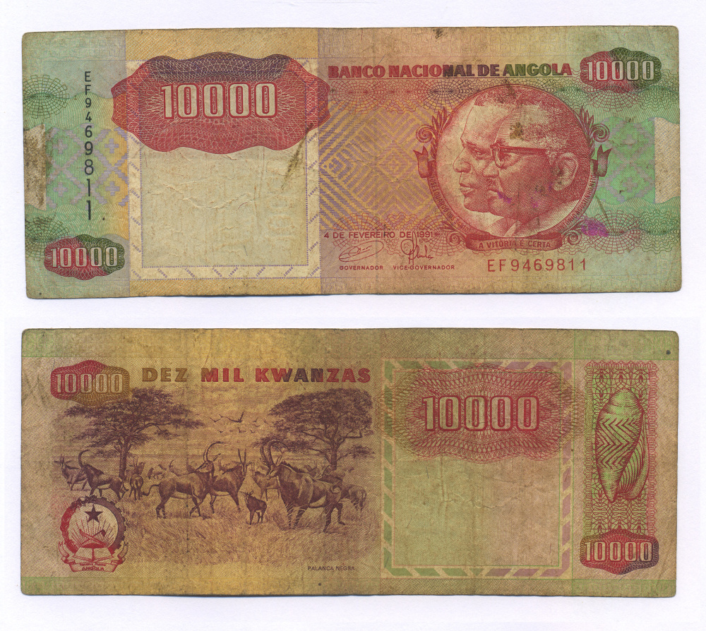 АНГОЛА 10000 КВАНЗА 1991 ПОДПИСЬ 18 Pick 131b бумага 7205-1-1