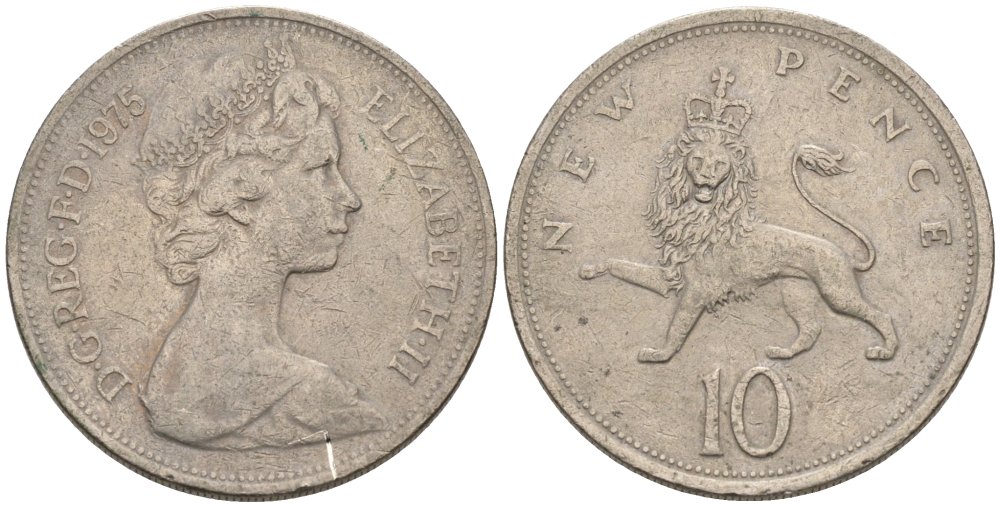 Великобритания 10 пенсов 1975 Елизавета II (1952-2022) KM 912, Spink 4231 (F1) медно-никель 81-131