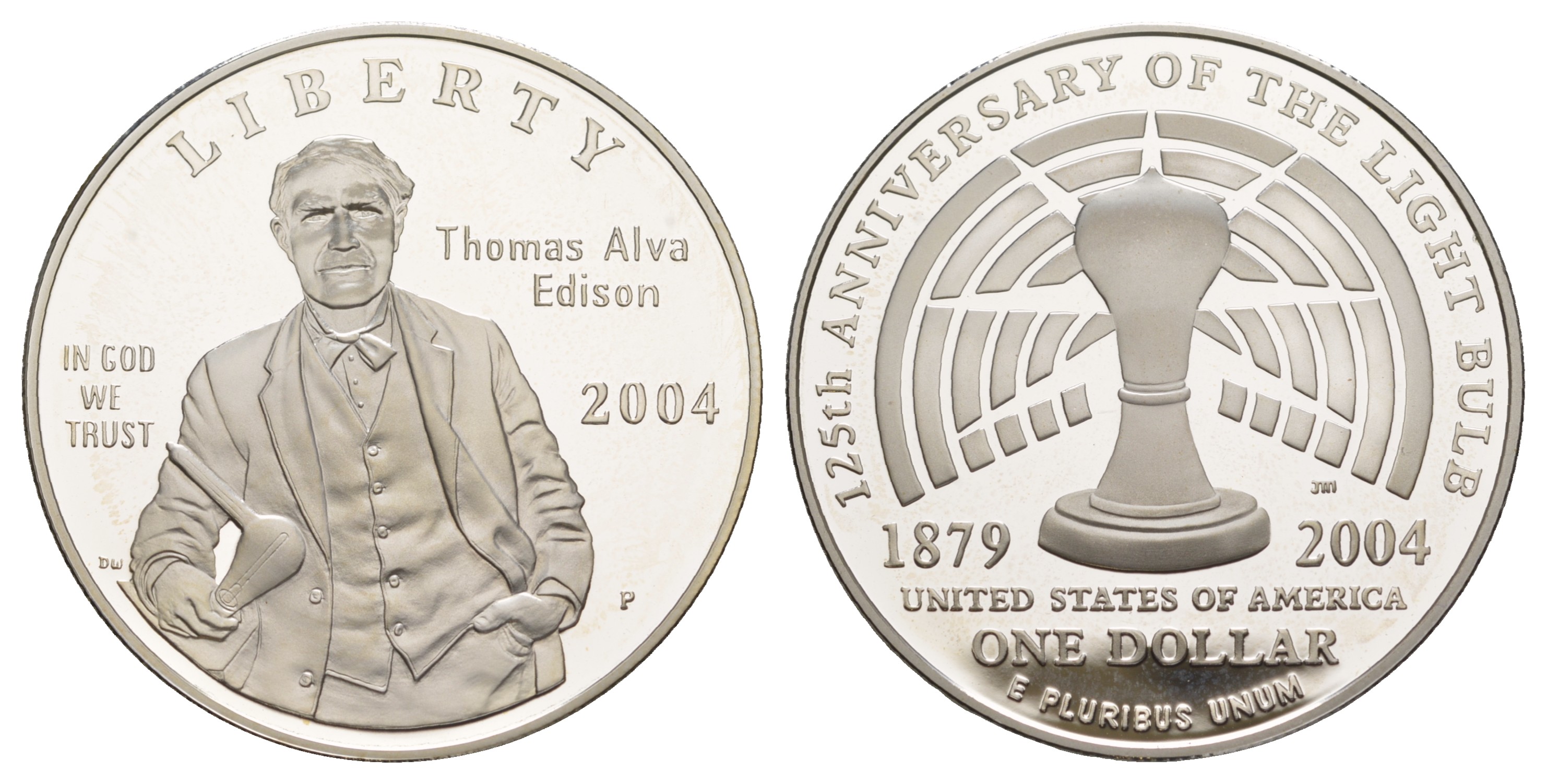 США 1 доллар 2004 P, 125 лет изобретению электрического света, Томасом Эдисоном, в оригинальной коробке, сертификат КМ 362 серебро  PROOF  3-6-5-20
