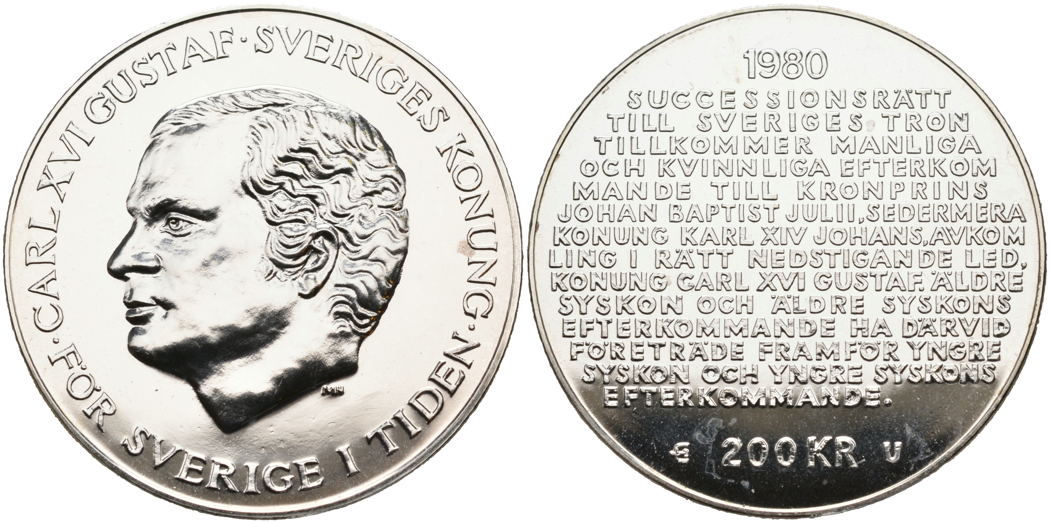 Швеция 200 крон 1980 U, Карл XVI Густав (1973- ), шведский королевский свод законов о престолонаследии KM 860 серебро PROOFLIKE 1095-6-34