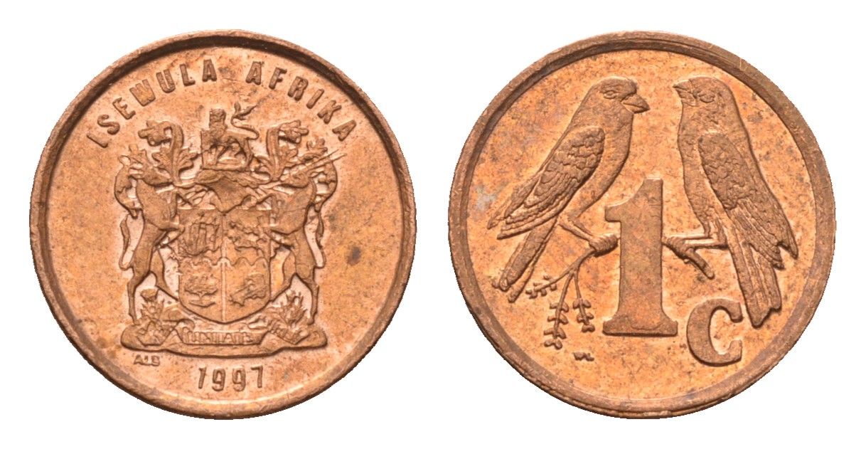 ЮАР 1 цент 1997 герб, капские воробьи KM 170 сталь плакированная медью UNC 4694-222