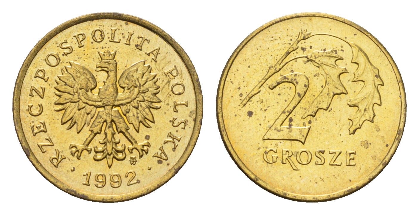 Польша 2 гроша 1992 Y 277 латунь UNC 4615-446