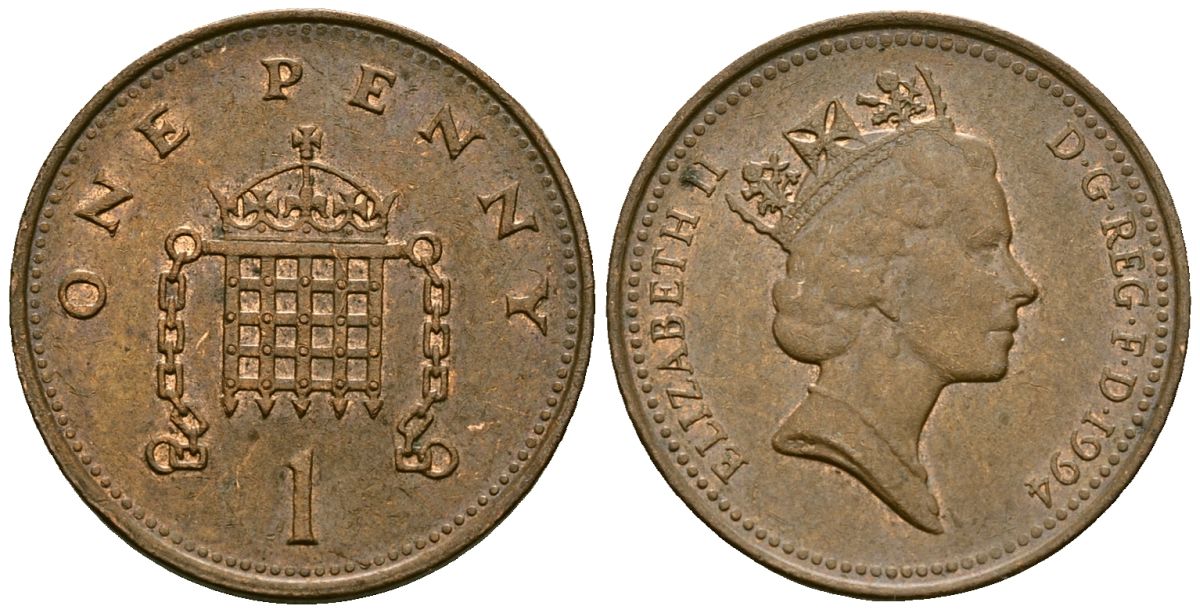 Великобритания 1 пенни 1994 Елизавета II (1952-2022) KM 935a, Spink 4391 (B4) сталь плакированная медью 23-1046