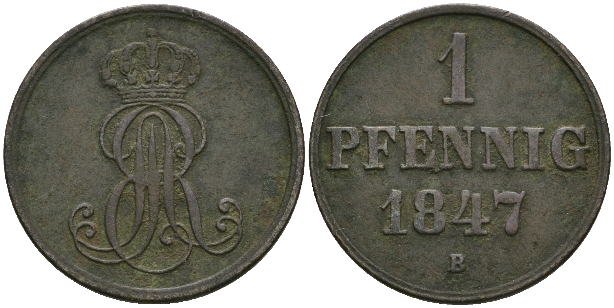 Ганновер 1 пфенниг 1847 B, Эрнст Август (1837-1851) KM 201.1, AKS 129, J. 74 медь 08-1316