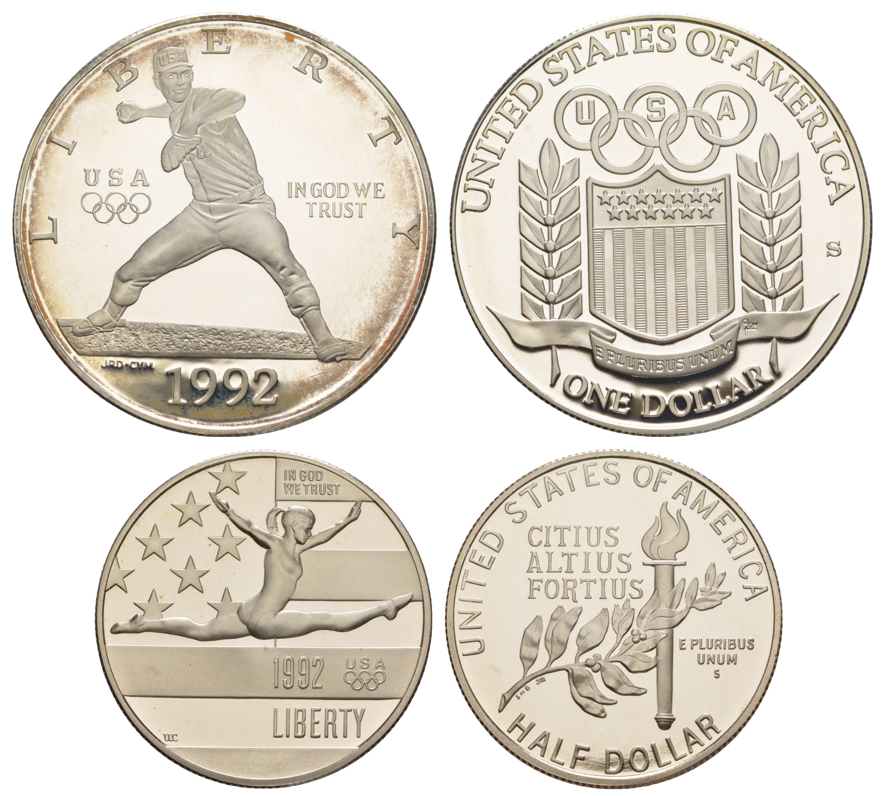 США набор из 1 доллара и 50 центов 1992 S, Олимпийские игры, 1 доллар бейсбол и 50 центов гимнастика, в оригинальной коробке, сертификат KM 233, 234 серебро, медь плакированная медно-никелем  PROOF  00-00