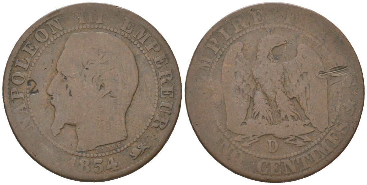 Франция 5 сантимов 1854 D, Наполеон III (1852-1870) KM 777.4 бронза 4582-1241