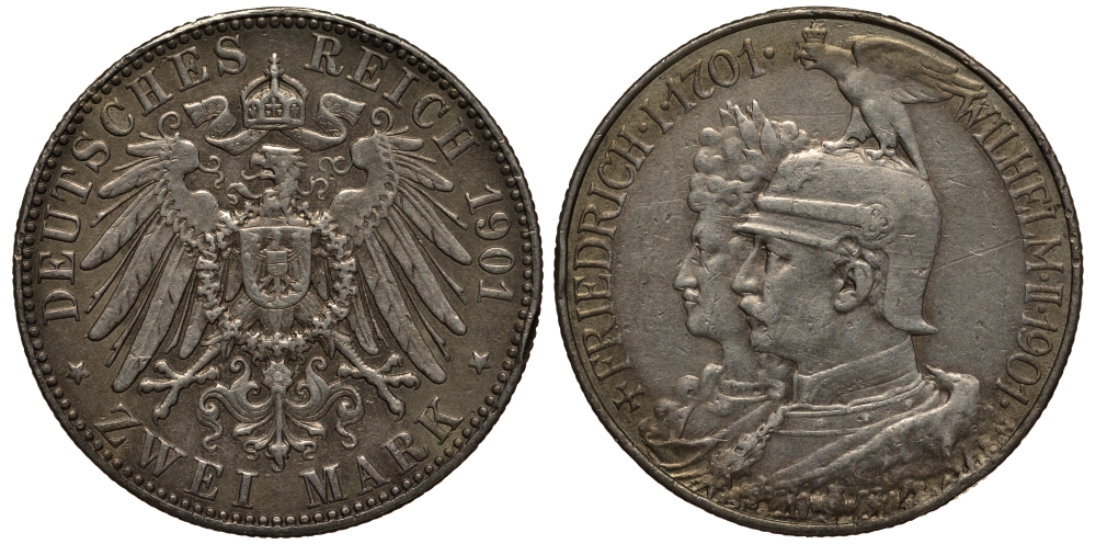 Пруссия 2 марки 1901 A, 200 лет Прусской королевской династии (Фридрих I - Вильгельм II) J.105, Weege 105, KM 525 серебро 3711-1022