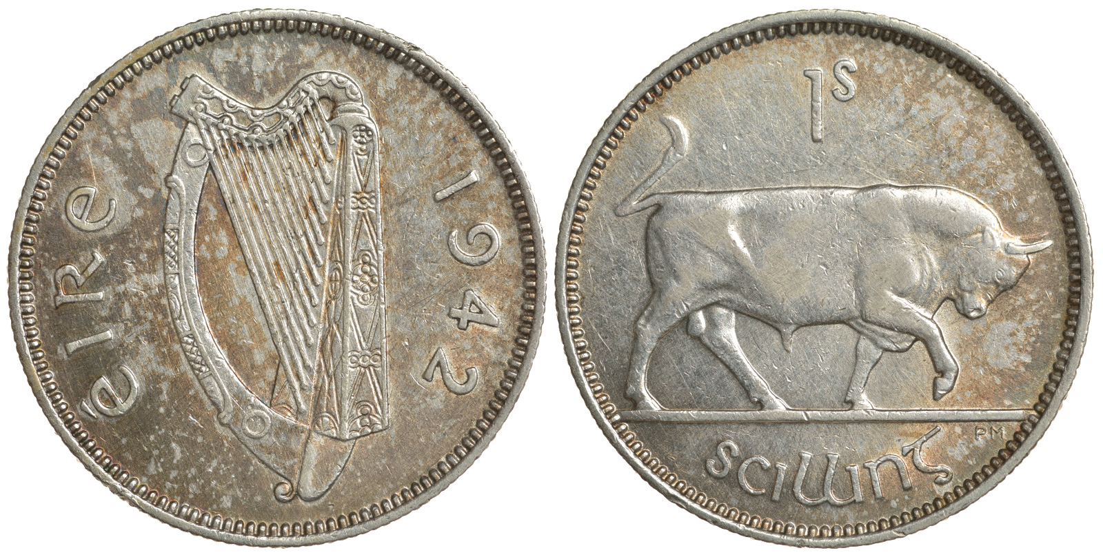 Ирландия 1 шиллинг 1942 бык KM 14 серебро 272-233