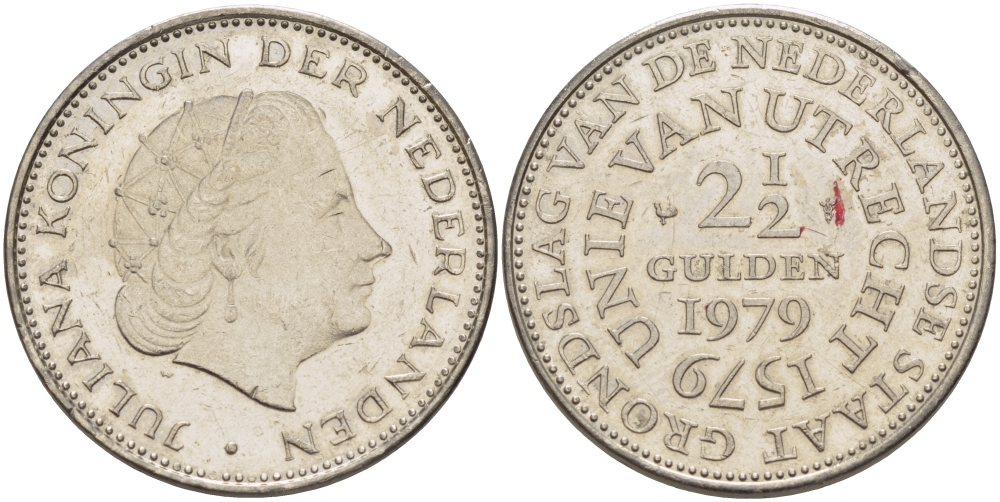 Нидерланды 2 1/2 гульдена 1979 400 лет Утрехтскому союзу, Юлиана (1949-1980) KM 197 никель 82-1245