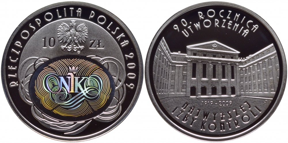 Польша 10 злотых 2009 MW, 90 лет открытия народной палаты контроля, голограмма KM 674 серебро PROOF 1087-5-74