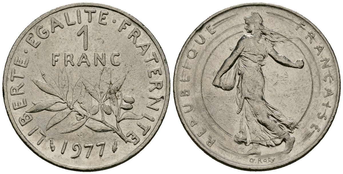 Франция 1 франк 1977 сеятель KM 925 никель 4135-856